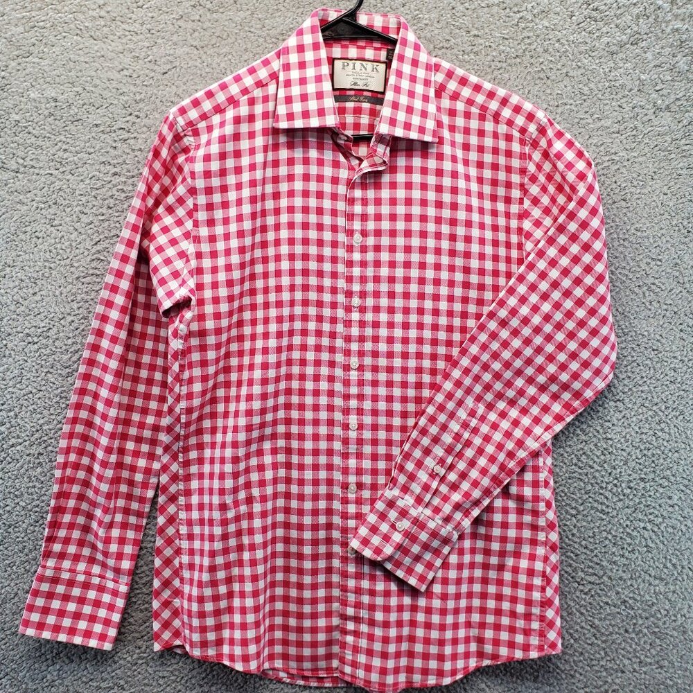 PINK Thomas Pink Slim Fit Red White Check Plaid Button Down Shirt 15 1/2